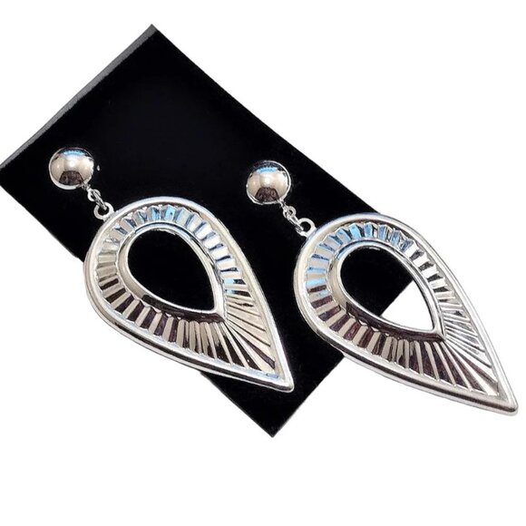 2 3/4 Inch 70mm Teardrop Hoop Pierced Post Earrings Round Bead Silver Tone - Picture 1 of 4